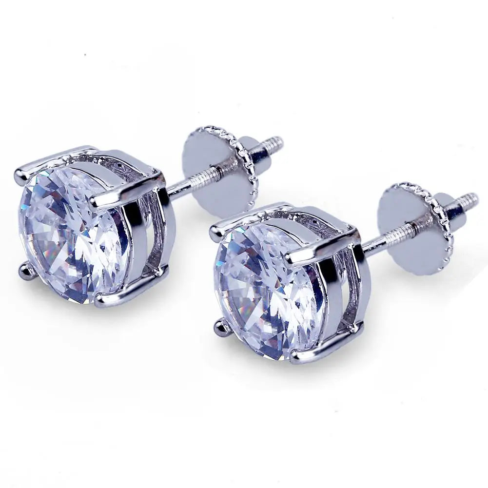TOPGRILLZ Hip Hop Iced Out Bling Stud Earrings With Screw Back Silver Plated Micro Pave 8mm CZ Stone Earrings Gift For Mem