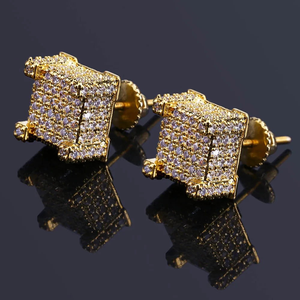 TOPGRILLZ Gold/Silver Color All Iced Out Micro Pave CZ Stone Square Stud Earring Hip Hop Rock Jewelry Earrings For Women Men