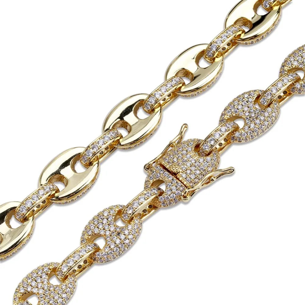 TOPGRILLZ 12MM Solid Gold Silver Color Cubic Zircon Link Necklace Bling Men's Hip hop Jewelry Copper Iced link Chain For Gift