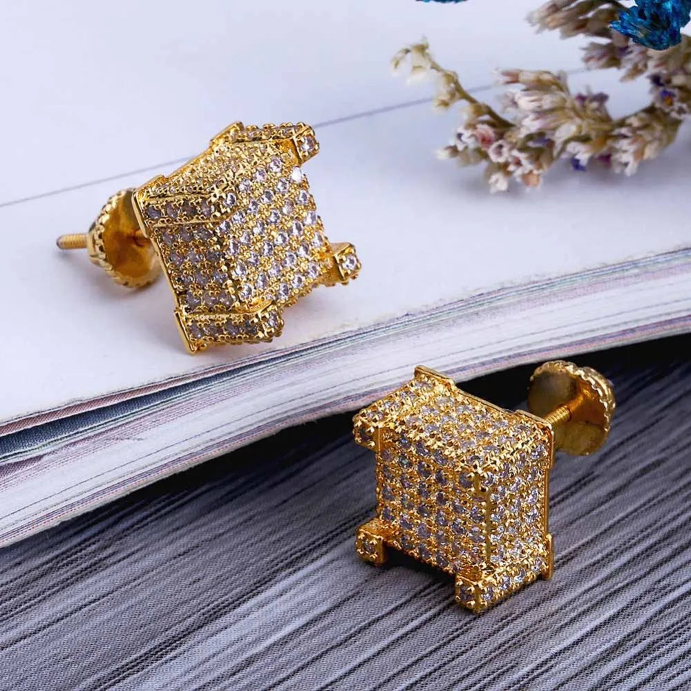 TOPGRILLZ Gold/Silver Color All Iced Out Micro Pave CZ Stone Square Stud Earring Hip Hop Rock Jewelry Earrings For Women Men