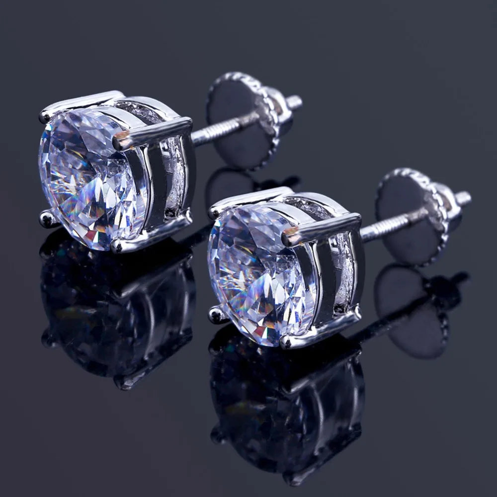TOPGRILLZ Hip Hop Iced Out Bling Stud Earrings With Screw Back Silver Plated Micro Pave 8mm CZ Stone Earrings Gift For Mem