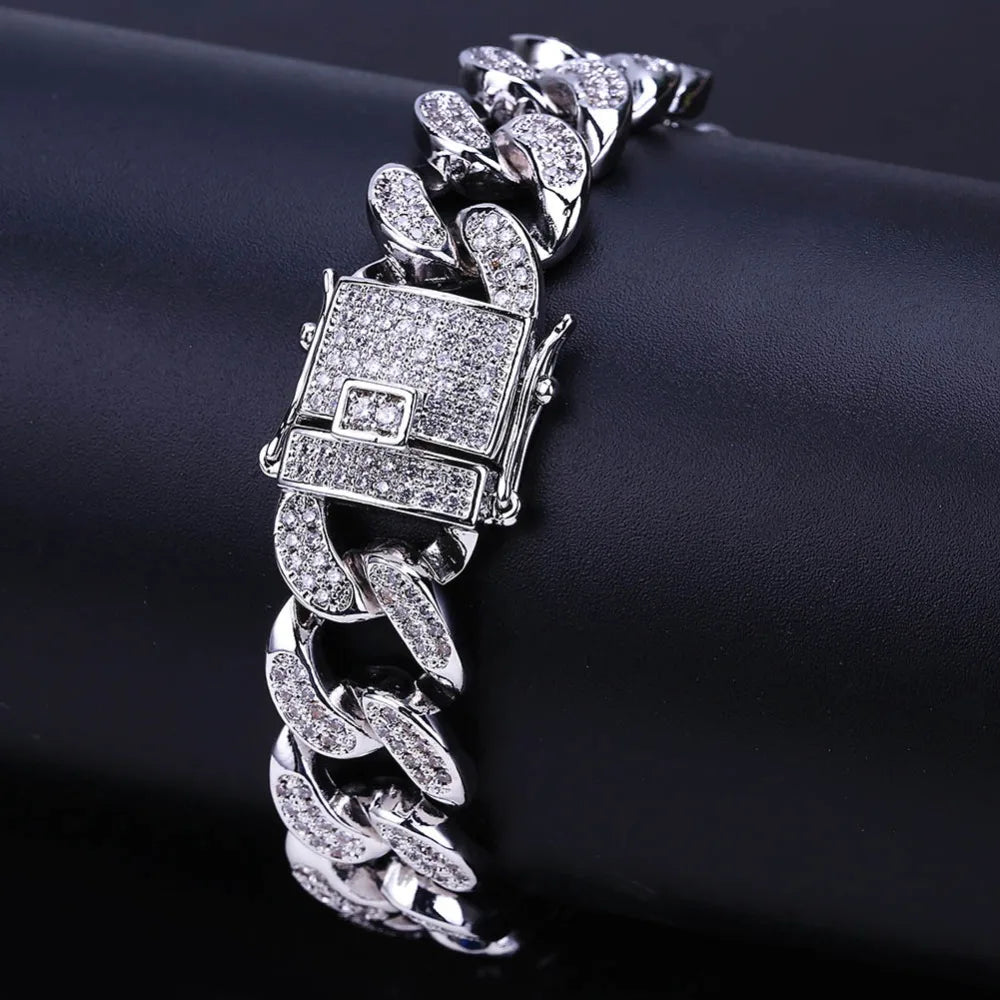 TOPGRILLZ Hip Hop Rock Jewelry Gold Color Plated Cuban Chain Micro Pave CZ Stones Bracelet 8 Inch Length Beacelets For Men