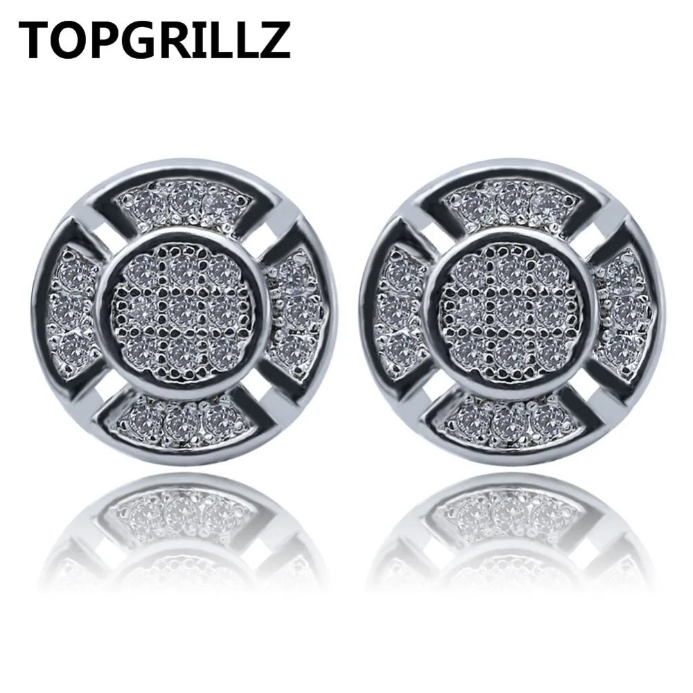TOPGRILLZ Hip Hop Gold Silver Color Iced Out Cubic Zircon Rund Stud Earring Men Jewelry Gifts With Screw Back Buckle