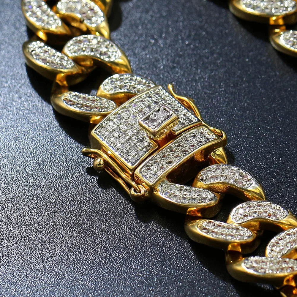 TOPGRILLZ Hip Hop Rock Jewelry Gold Color Plated Cuban Chain Micro Pave CZ Stones Bracelet 8 Inch Length Beacelets For Men