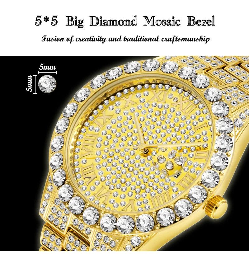 TOPGRILLZ Men Watch Gold Plated Mens Watches Top Brand Luxury Bracelet Stainless Steel Quartz Wristwatch Business Clock