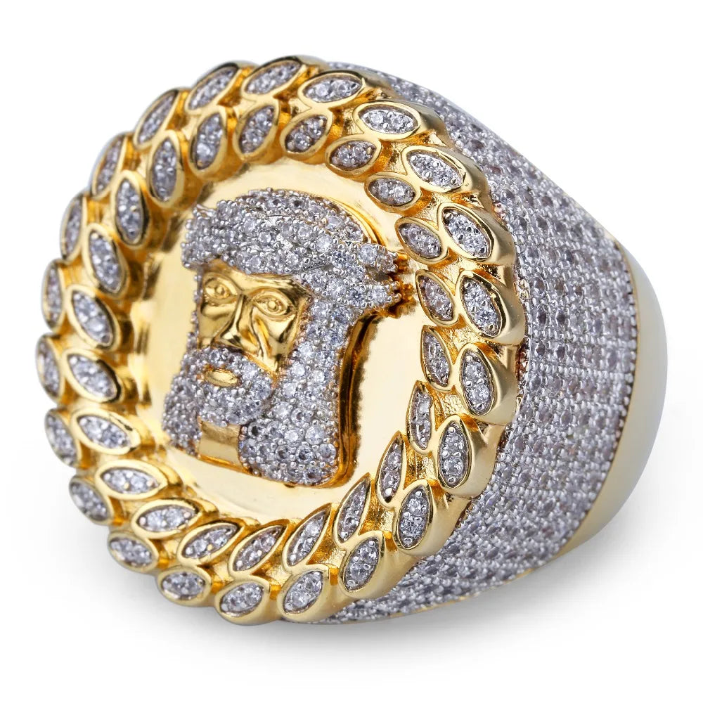 TOPGRILLZ New Arrival Hip Hop Men Jesus Ring Copper Gold Color Micro Paved AAA CZ Stone Pharaoh Round Rings With 8 9 10 11 12