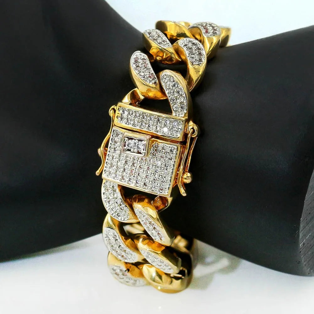 TOPGRILLZ Hip Hop Rock Jewelry Gold Color Plated Cuban Chain Micro Pave CZ Stones Bracelet 8 Inch Length Beacelets For Men