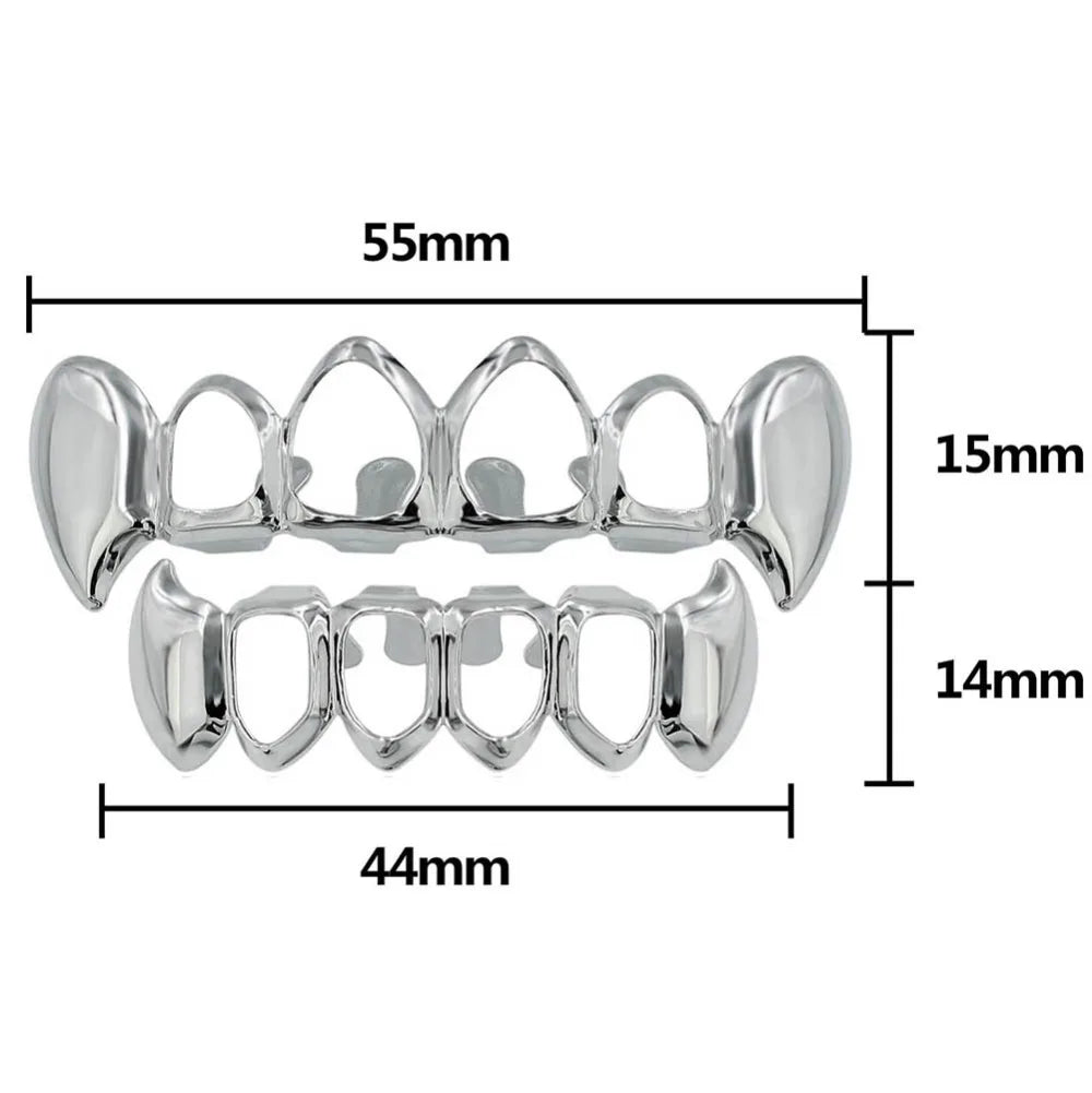 TOPGRILLZ  Gold Color Plated Hip Hop Teeth Grill Top & Bottom Grill Hip Hop Bling Hollow Vampire Teeth for Halloween
