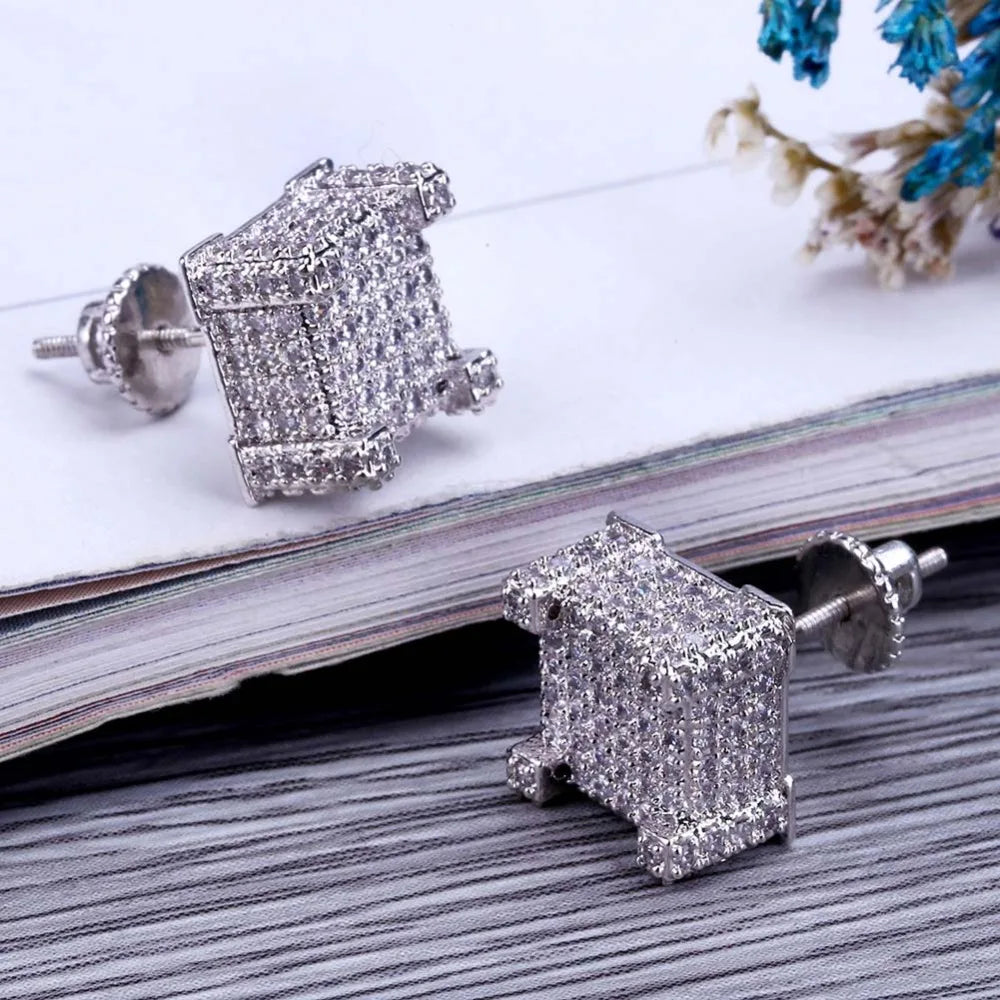TOPGRILLZ Gold/Silver Color All Iced Out Micro Pave CZ Stone Square Stud Earring Hip Hop Rock Jewelry Earrings For Women Men