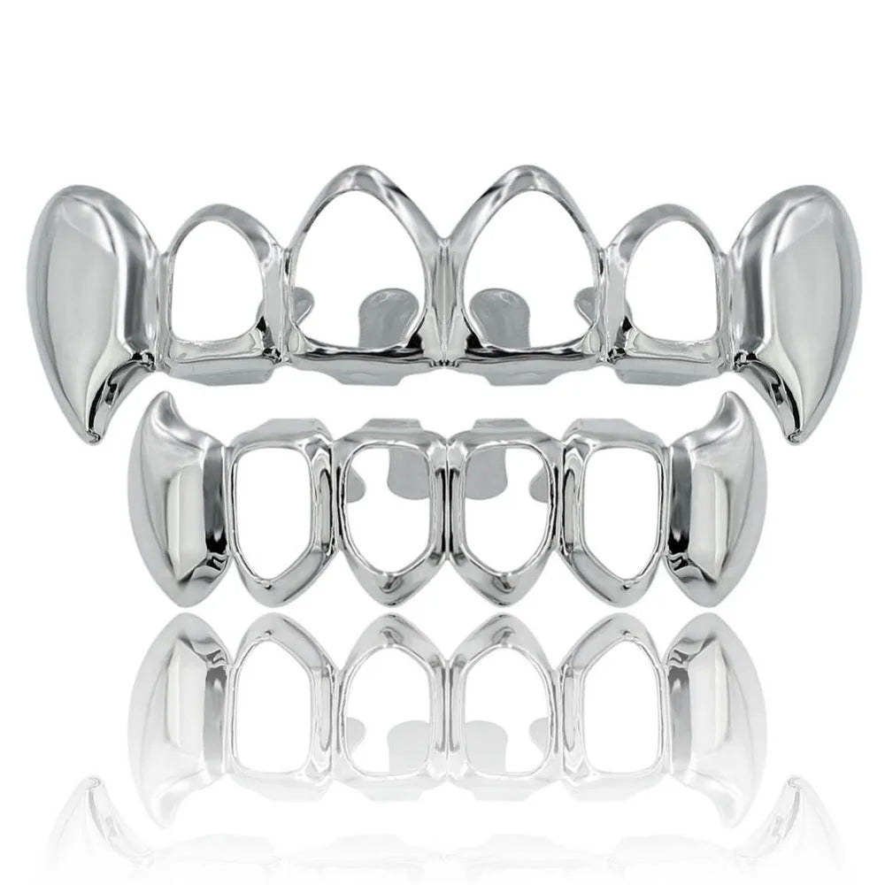 TOPGRILLZ  Gold Color Plated Hip Hop Teeth Grill Top & Bottom Grill Hip Hop Bling Hollow Vampire Teeth for Halloween