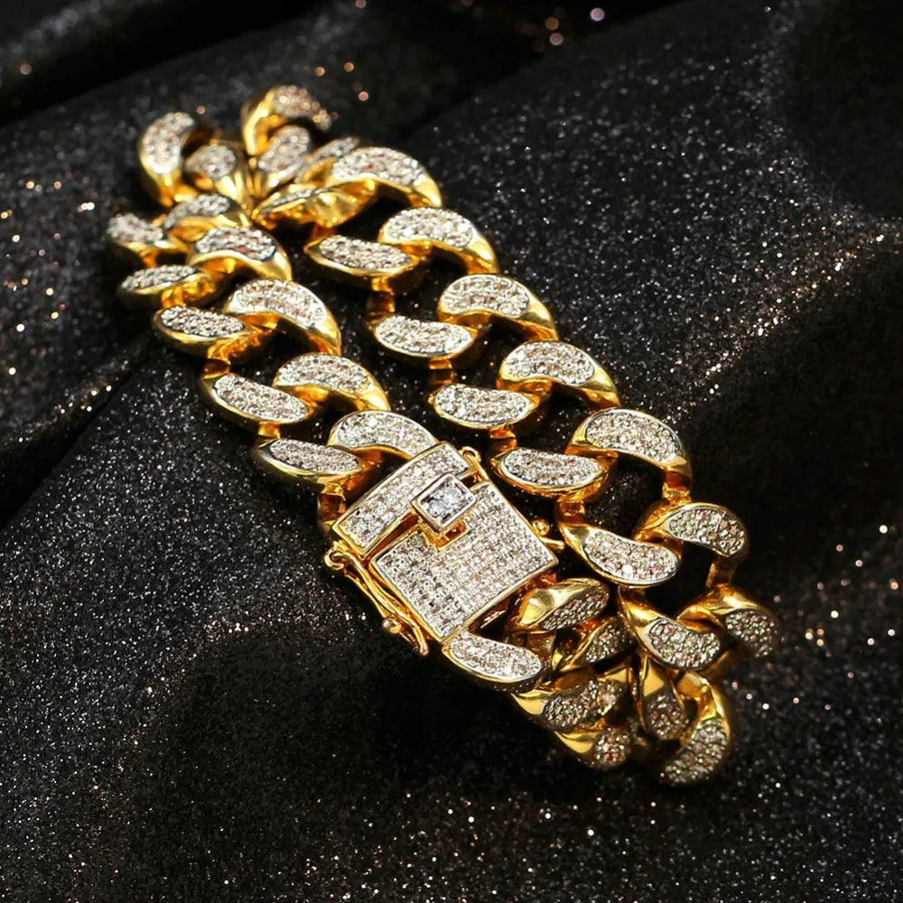 TOPGRILLZ Hip Hop Rock Jewelry Gold Color Plated Cuban Chain Micro Pave CZ Stones Bracelet 8 Inch Length Beacelets For Men