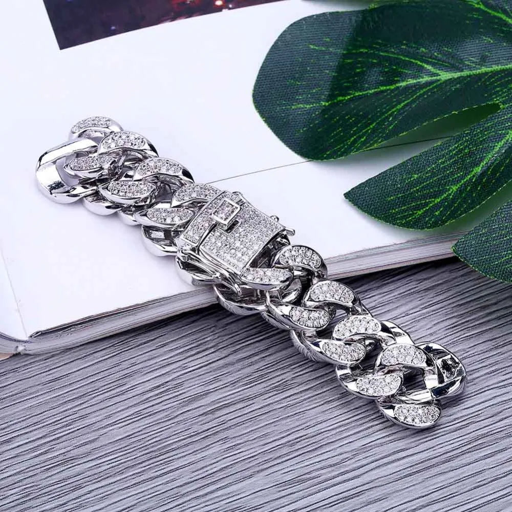 TOPGRILLZ Hip Hop Rock Jewelry Gold Color Plated Cuban Chain Micro Pave CZ Stones Bracelet 8 Inch Length Beacelets For Men