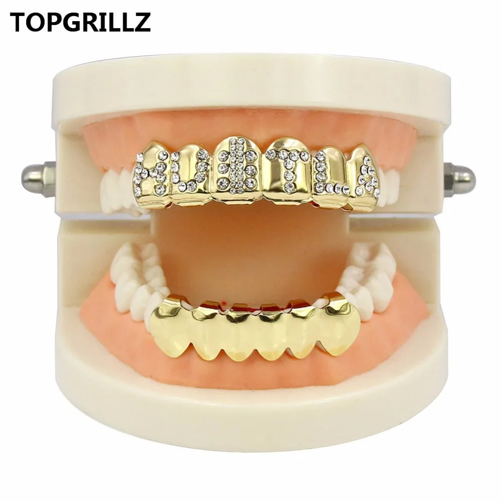 TOPGRILLZ Gold Color Plated Iced Out Letter CZ Stone Hip Hop Teeth For Mouth GRILLZ Caps Top & Bottom Grills Set Classic tooth