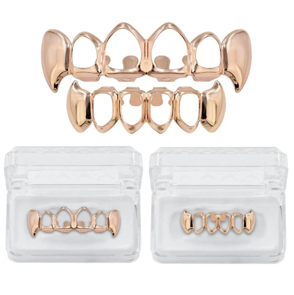 TOPGRILLZ  Gold Color Plated Hip Hop Teeth Grill Top & Bottom Grill Hip Hop Bling Hollow Vampire Teeth for Halloween