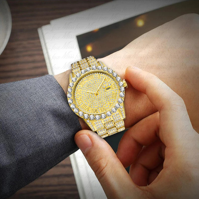 TOPGRILLZ Men Watch Gold Plated Mens Watches Top Brand Luxury Bracelet Stainless Steel Quartz Wristwatch Business Clock