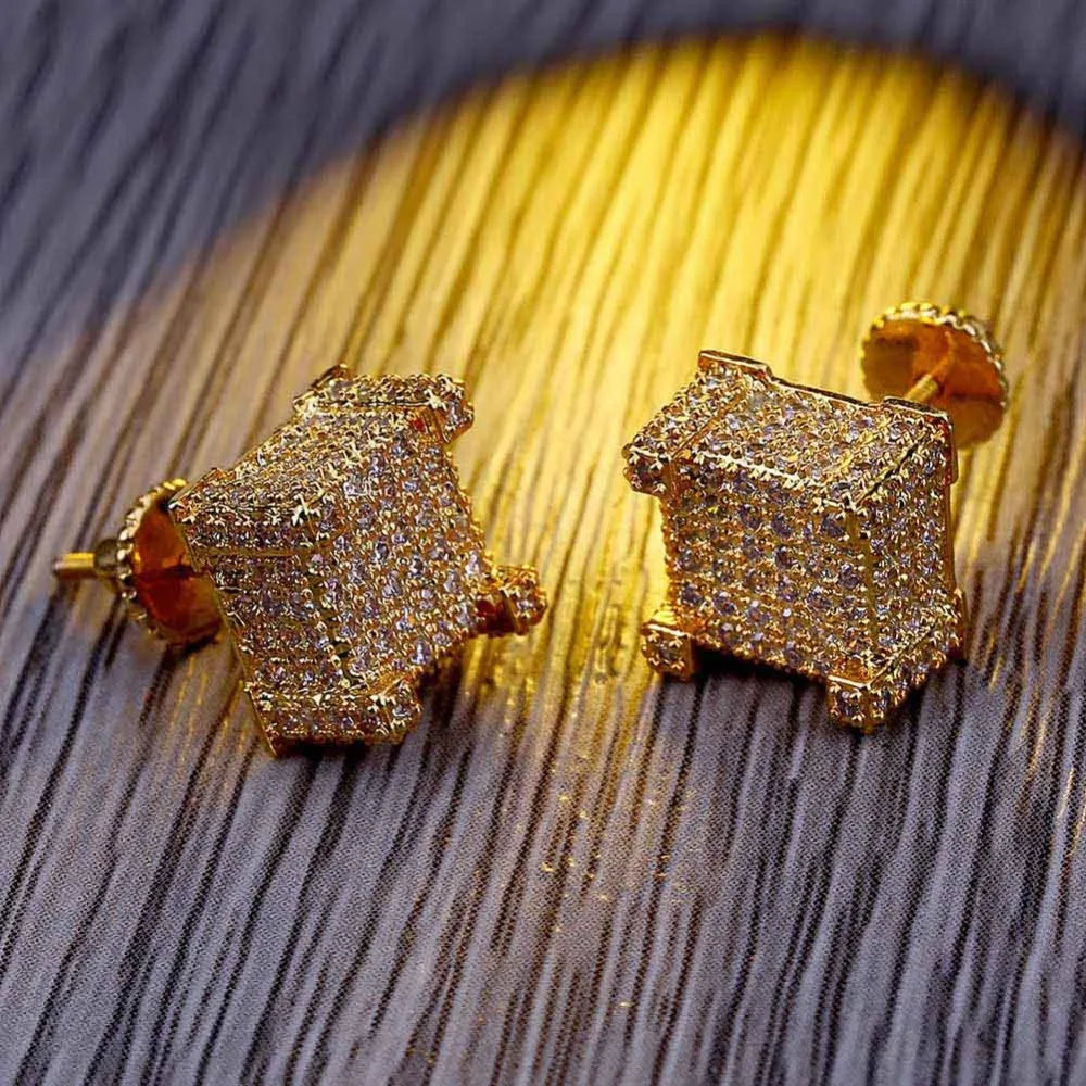 TOPGRILLZ Gold/Silver Color All Iced Out Micro Pave CZ Stone Square Stud Earring Hip Hop Rock Jewelry Earrings For Women Men