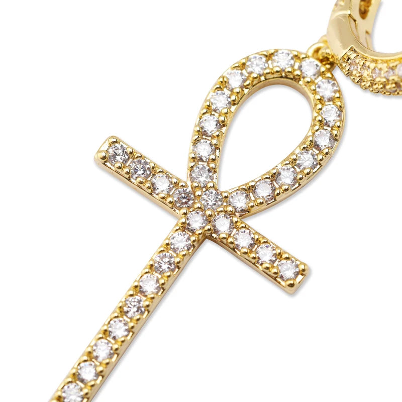 TOPGRILLZ Iced Zircon Ankh Cross Earring Gold Silver Color Micro Paved AAA Bling CZ Stone Earrings For Man Women Hip Hop Jewelry