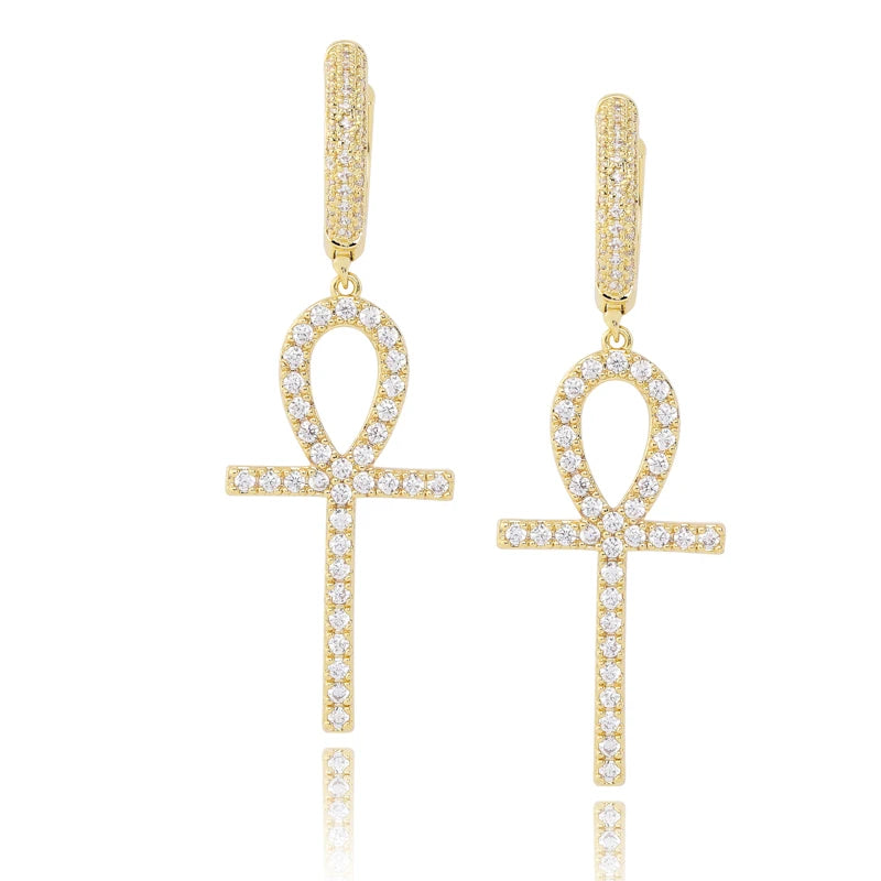 TOPGRILLZ Iced Zircon Ankh Cross Earring Gold Silver Color Micro Paved AAA Bling CZ Stone Earrings For Man Women Hip Hop Jewelry