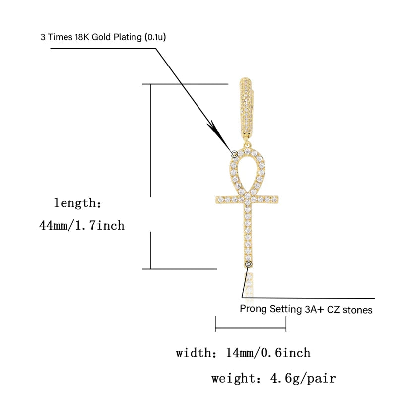 TOPGRILLZ Iced Zircon Ankh Cross Earring Gold Silver Color Micro Paved AAA Bling CZ Stone Earrings For Man Women Hip Hop Jewelry