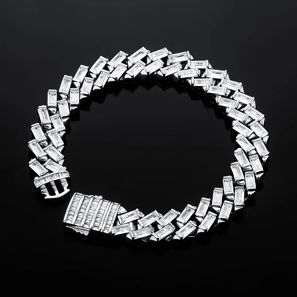 TOPGRILLZ 12MM Baguette Channel Set Cuban Bracelet in White Gold Hip Hop Charm Jewelry Gift For Mens
