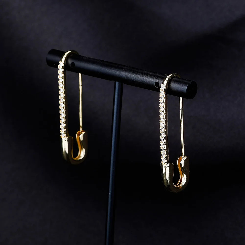 TOPGRILLZ Safety Pin Chain Earring Iced out Cubic Zirconia Pin Earring Hip Hop Fashion Charm Party Jewelry For Gift Men Women