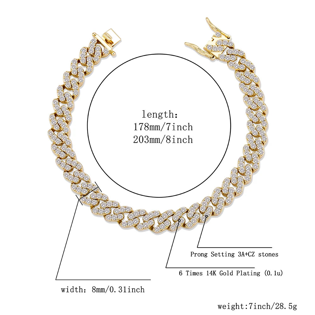 TOPGRILLZ New 8mm Fashion Miami Cuban Bracelet Full Iced Out Cubic Zirconia Bracelet Hip Hop Rapper Jewelry Ladies Bracelet Gift