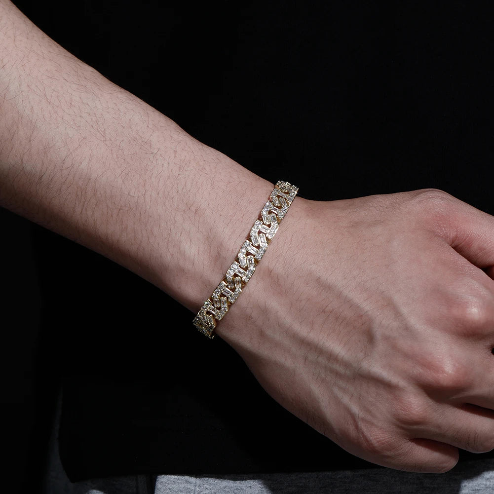 TOPGRILLZ High Quality 9mm Iced Out Baguette Prong Cuban Bracelet With New Spring Ring Clasps Hip Hop Jewelry For Men Women