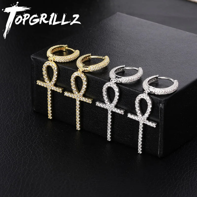 TOPGRILLZ Iced Zircon Ankh Cross Earring Gold Silver Color Micro Paved AAA Bling CZ Stone Earrings For Man Women Hip Hop Jewelry