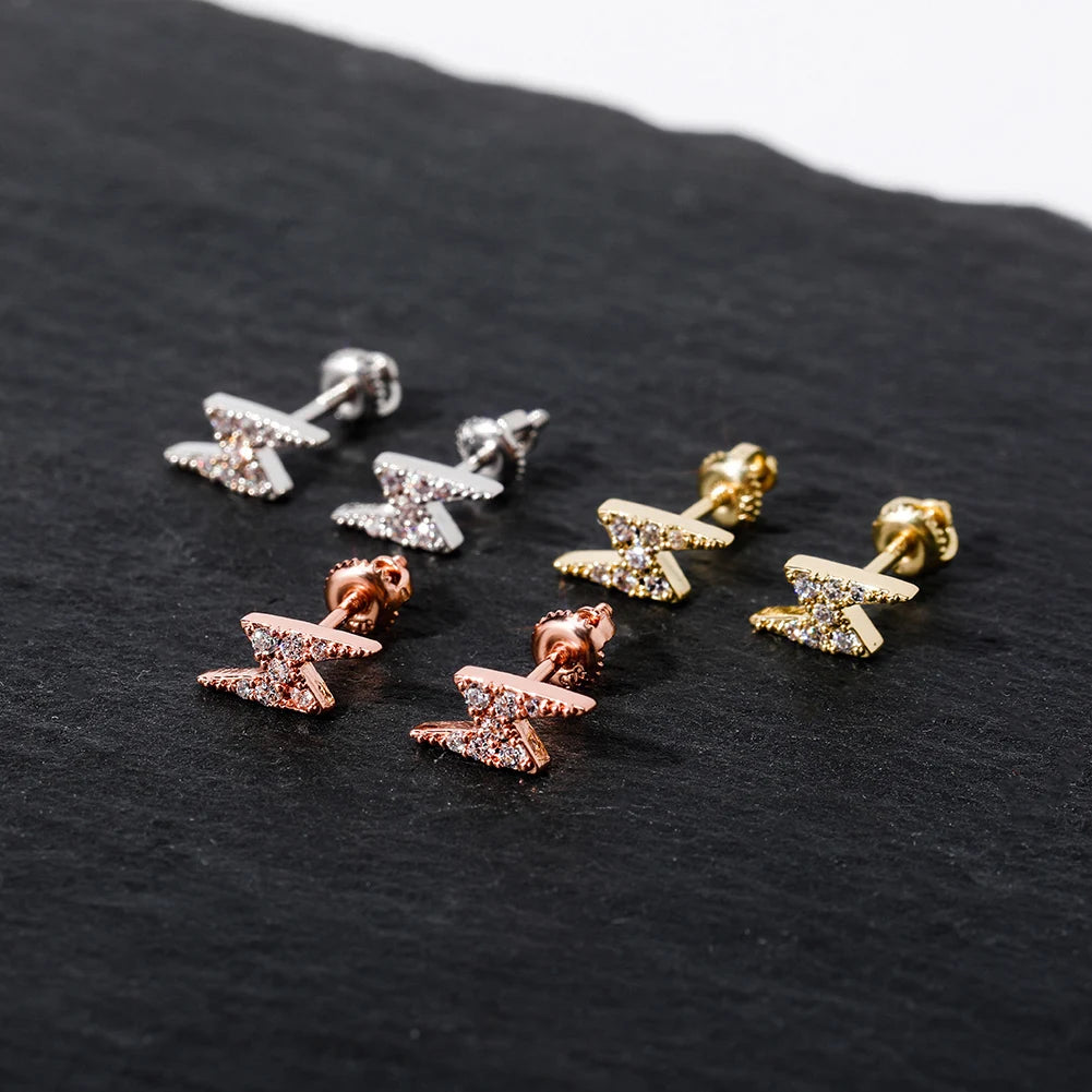 TOPGRILLZ 925 Silver Delicate Women lightning Ear Stud Tiny Cubic Zirconia Earring Hip Hop Women Sterling Silver Jewelry Gift
