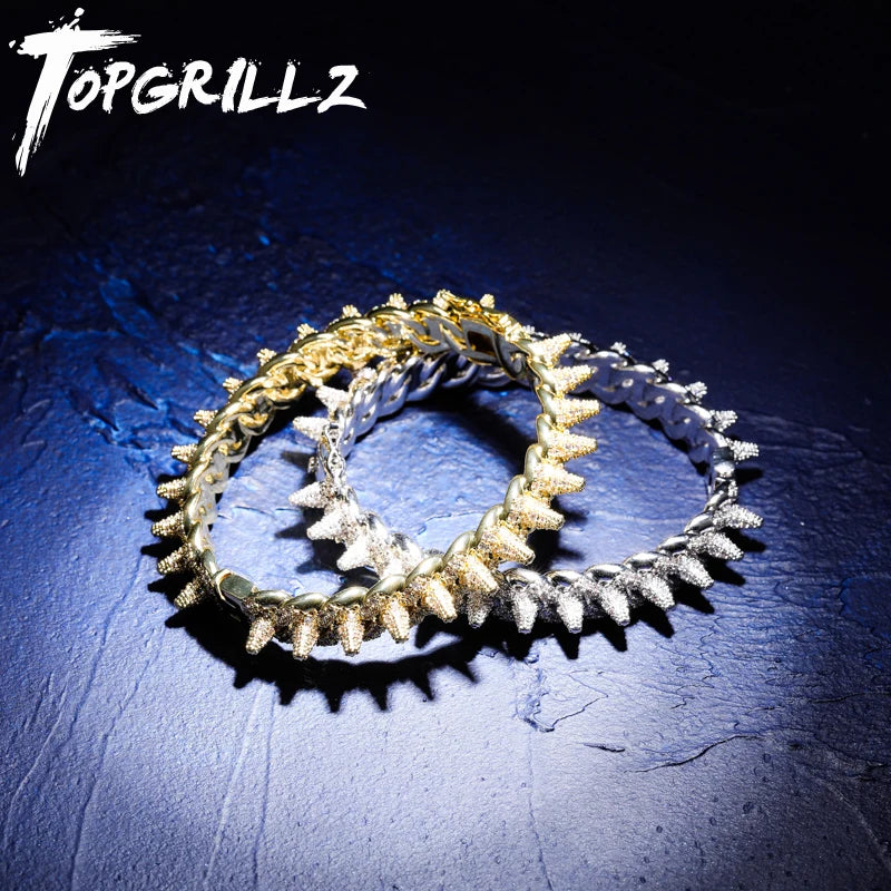 TOPGRILLZ New Spikes Rivet Bracelets Luxury Iced Out Bling Cubic Zircon Bangles Round Cuban Link Hip Hop Jewelry For Men