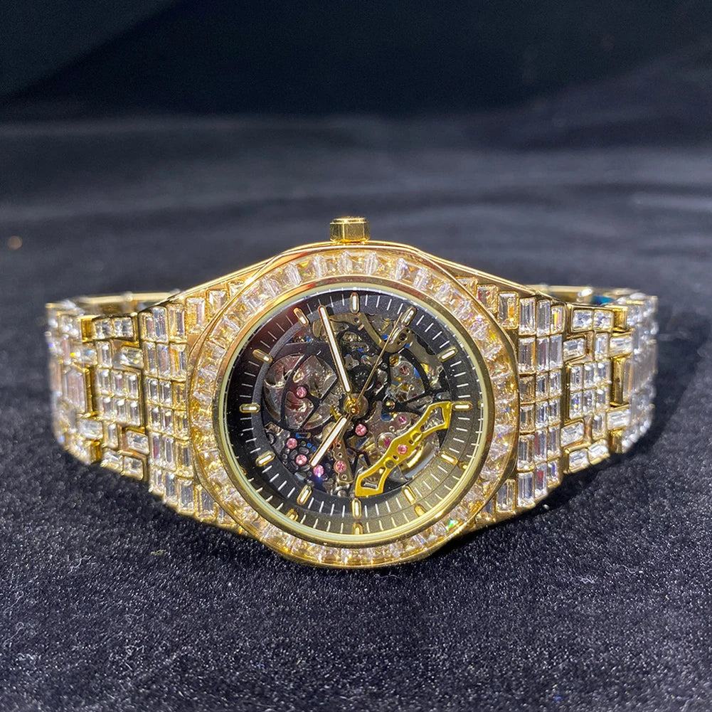 TOPGRILLZ Mechanical Luxury Baguette Rhinestones Watches In Yellow Gold Shine Stainless Steel Watch Quality Business Watch