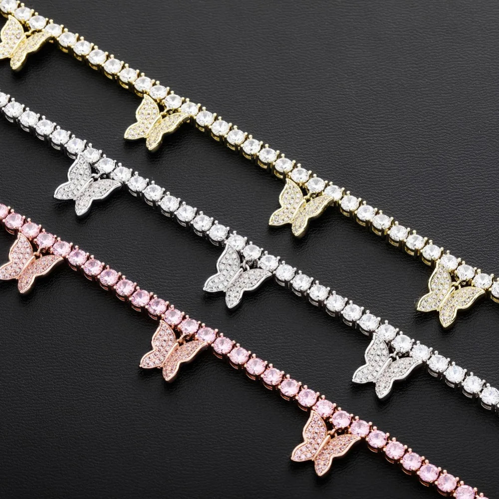 TOPGRILLZ Butterfly Chain  3/4MM Tennis Chain Choker Necklace Iced Out Cubic zircon Bling Hip Hop Charm  Jewelry For Men Women