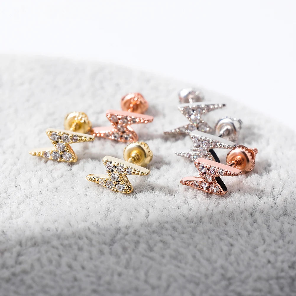 TOPGRILLZ 925 Silver Delicate Women lightning Ear Stud Tiny Cubic Zirconia Earring Hip Hop Women Sterling Silver Jewelry Gift