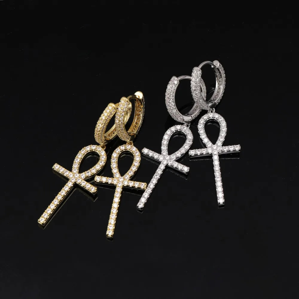 TOPGRILLZ Iced Zircon Ankh Cross Earring Gold Silver Color Micro Paved AAA Bling CZ Stone Earrings For Man Women Hip Hop Jewelry