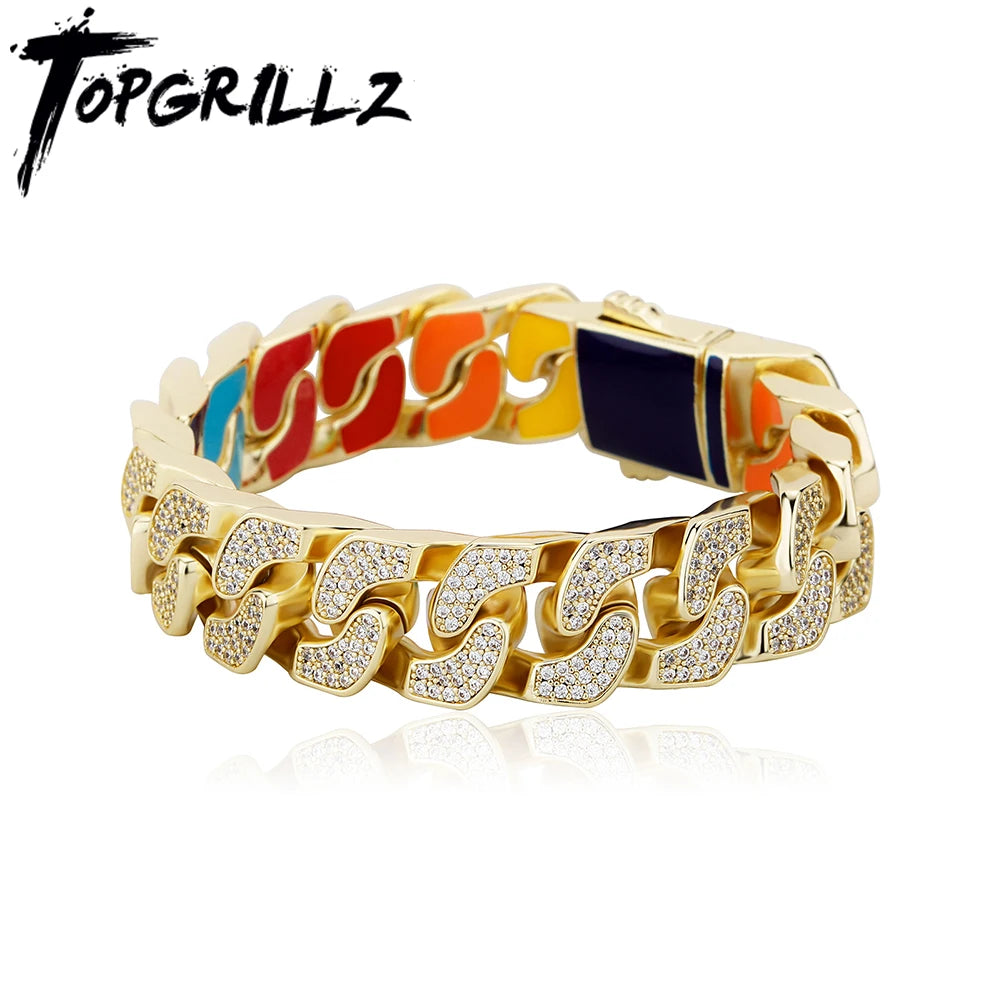TOPGRILLZ New 14MM Double-sided Cuban Chain Bracelet Iced Out Cubic Zirconia with Color Dripping Oil Bracelet Hip Hop Jewelry