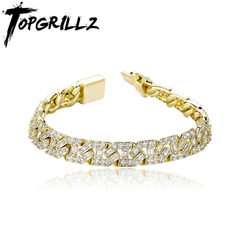 TOPGRILLZ High Quality 9mm Iced Out Baguette Prong Cuban Bracelet With New Spring Ring Clasps Hip Hop Jewelry For Men Women
