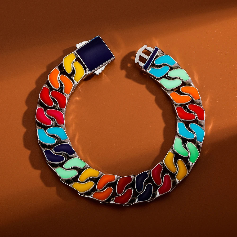 TOPGRILLZ New 14MM Double-sided Cuban Chain Bracelet Iced Out Cubic Zirconia with Color Dripping Oil Bracelet Hip Hop Jewelry
