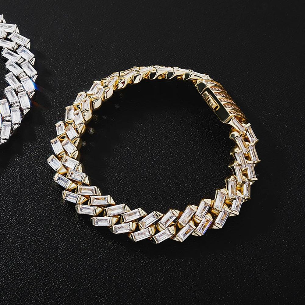 TOPGRILLZ 12MM Baguette Channel Set Cuban Bracelet in White Gold Hip Hop Charm Jewelry Gift For Mens