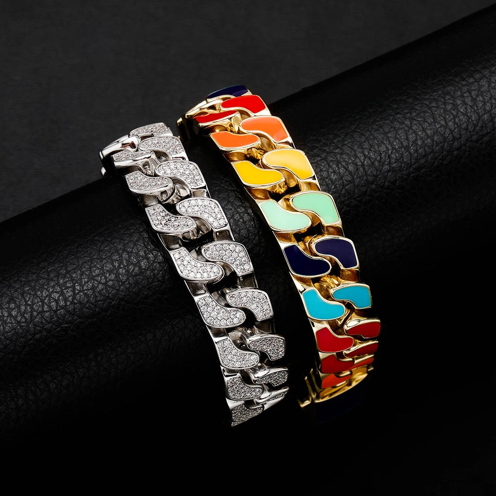 TOPGRILLZ New 14MM Double-sided Cuban Chain Bracelet Iced Out Cubic Zirconia with Color Dripping Oil Bracelet Hip Hop Jewelry