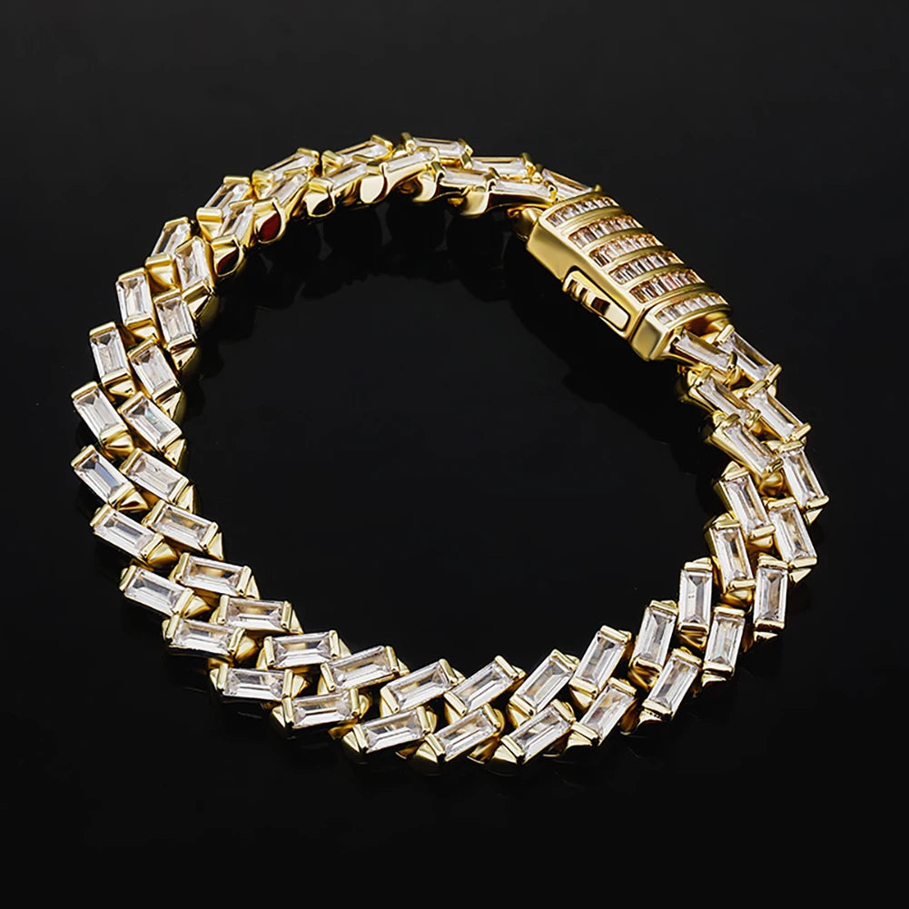 TOPGRILLZ 12MM Baguette Channel Set Cuban Bracelet in White Gold Hip Hop Charm Jewelry Gift For Mens