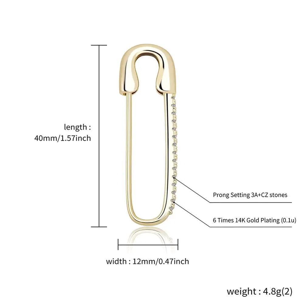 TOPGRILLZ Safety Pin Chain Earring Iced out Cubic Zirconia Pin Earring Hip Hop Fashion Charm Party Jewelry For Gift Men Women