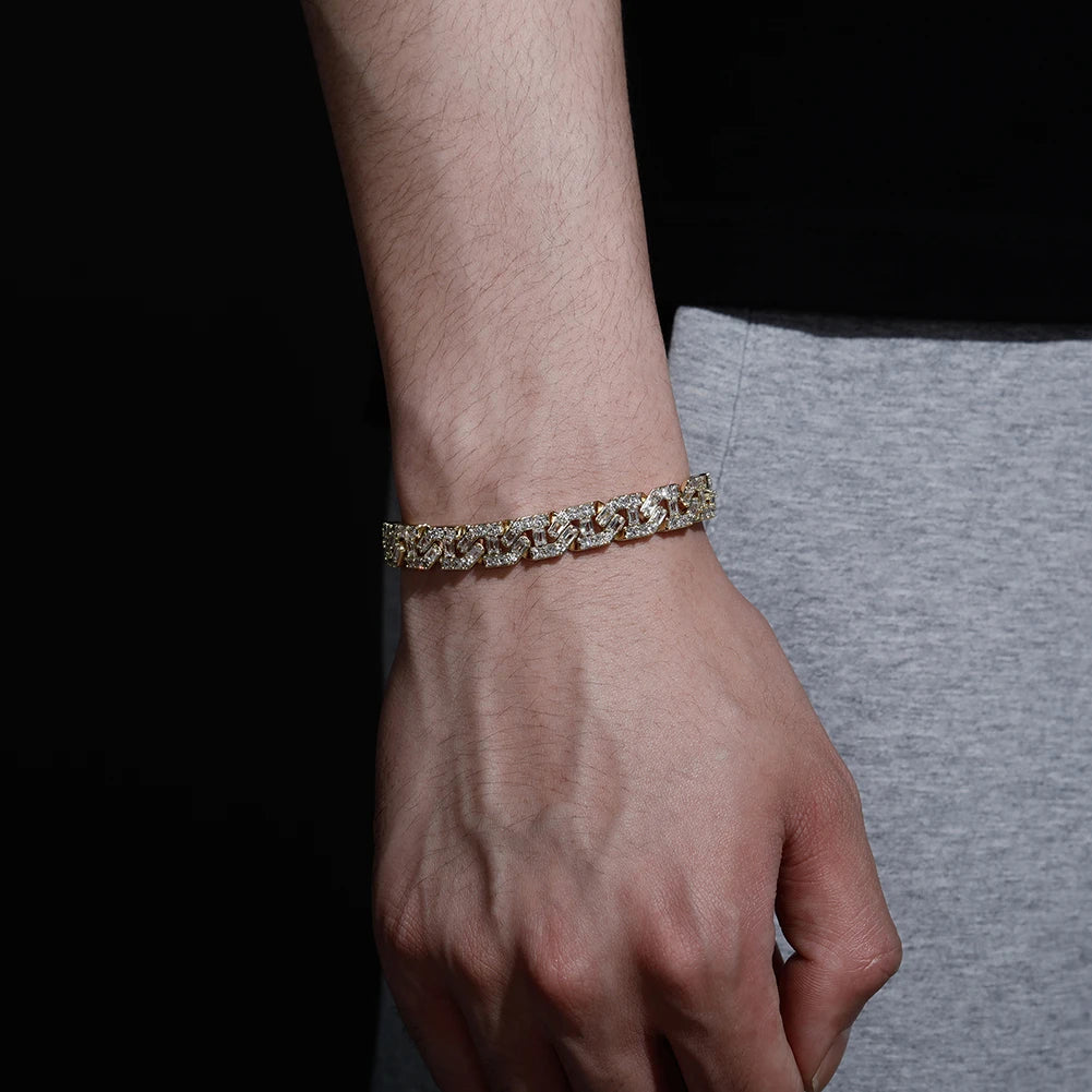 TOPGRILLZ High Quality 9mm Iced Out Baguette Prong Cuban Bracelet With New Spring Ring Clasps Hip Hop Jewelry For Men Women