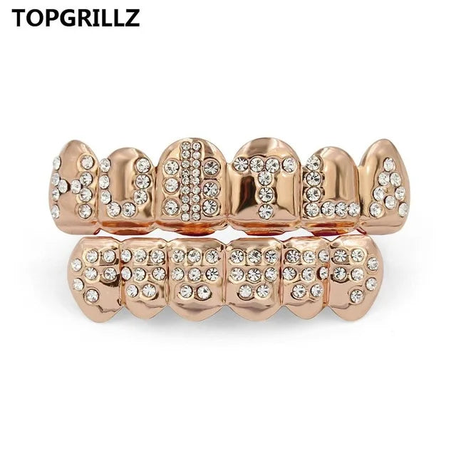 TOPGRILLZ Gold Color Plated Iced Out Letter CZ Stone Hip Hop Teeth For Mouth GRILLZ Caps Top & Bottom Grills Set Classic tooth