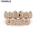 TOPGRILLZ Gold Color Plated Iced Out Letter CZ Stone Hip Hop Teeth For Mouth GRILLZ Caps Top & Bottom Grills Set Classic tooth