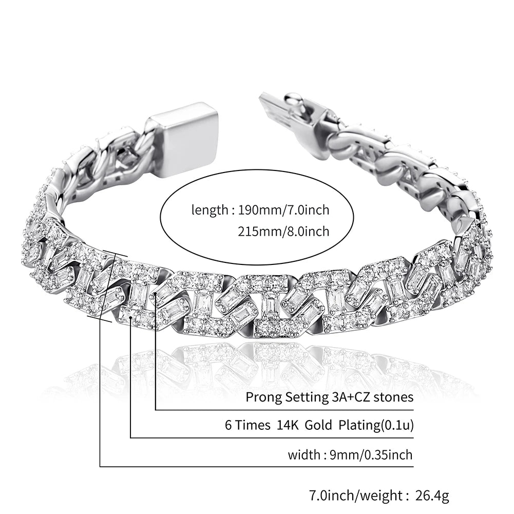 TOPGRILLZ High Quality 9mm Iced Out Baguette Prong Cuban Bracelet With New Spring Ring Clasps Hip Hop Jewelry For Men Women