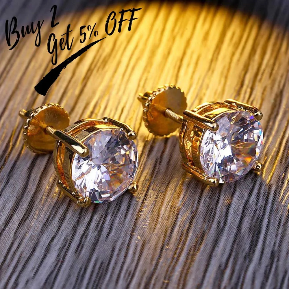 TOPGRILLZ Hip Hop Iced Out Bling Stud Earrings With Screw Back Silver Plated Micro Pave 8mm CZ Stone Earrings Gift For Mem