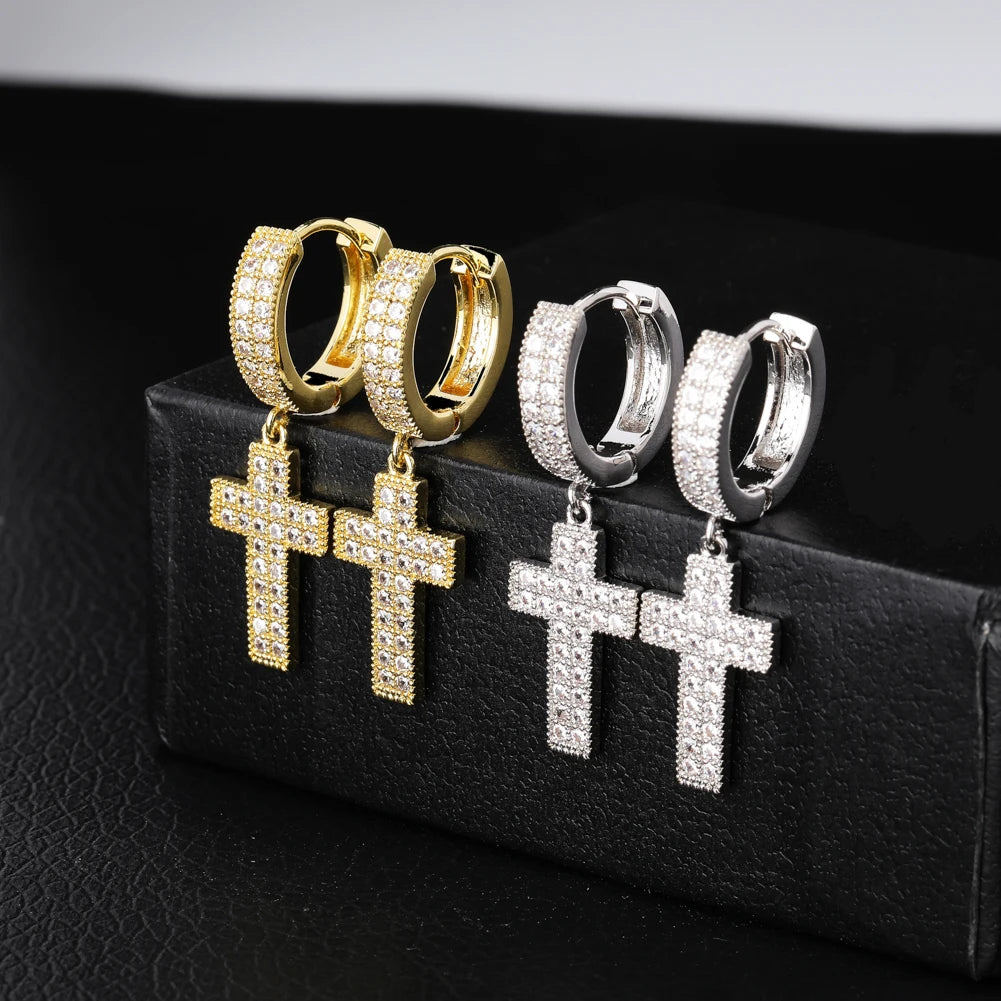 TOPGRILLZ Cubic Zirconia Bling Iced Cross Earring Gold Silver Color Copper Material Earrings for Men Women Hip Hop Rock Jewelry