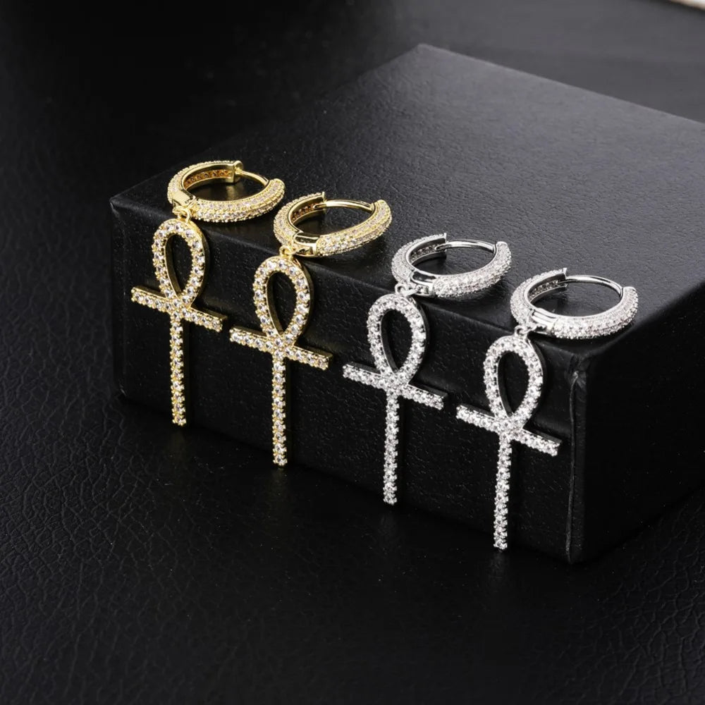 TOPGRILLZ Iced Zircon Ankh Cross Earring Gold Silver Color Micro Paved AAA Bling CZ Stone Earrings For Man Women Hip Hop Jewelry