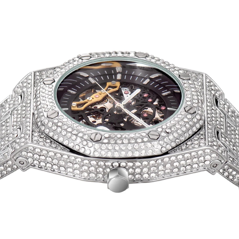 TOPGRILLZ Mechanical Luxury Rhinestones Watches White Gold Shine Mens Watches Stainless Steel Watch Quality Business Watch