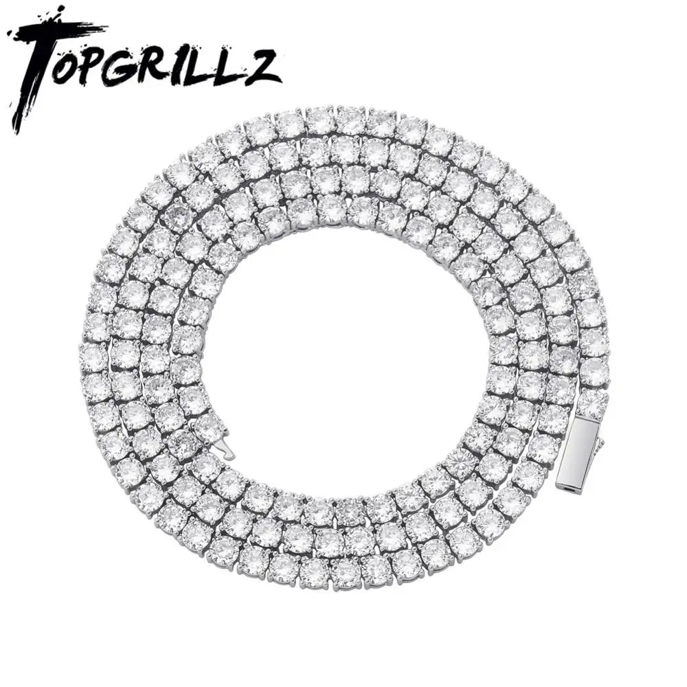 TOPGRILLZ 3MM-6MM Spring buckle Iced Out Full Cubic Zircon 1 Row Tennis Chain Necklace Gold Silver Color Hip Hop Jewelry